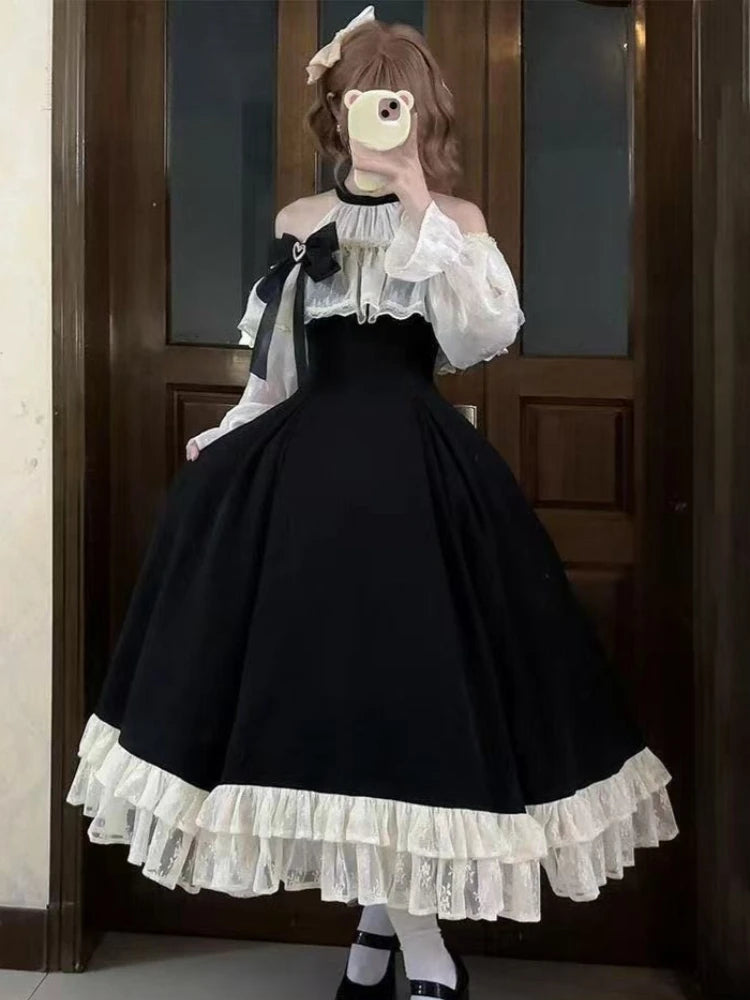 Parisian Elegant Lolita Dress Women Slimming Kawaii Bowknot Long Sleeve Dresses 2025 New Autumn Winter Fashion Casual Outfits