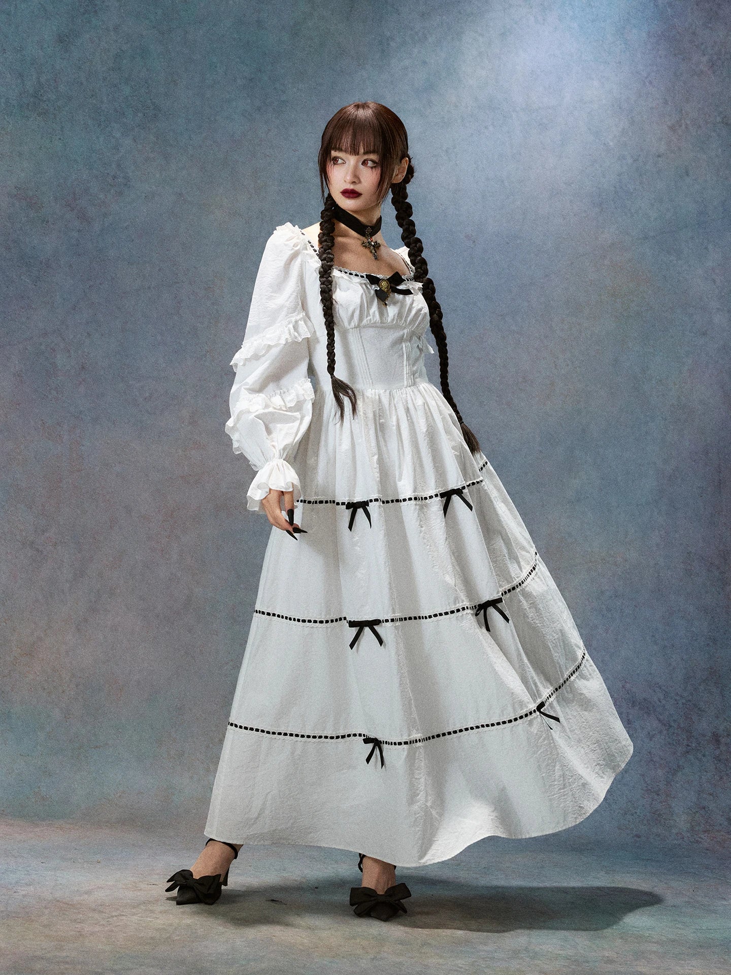 Gothica Parisian Fall White Maxi Dress Women Vintage Elegant Slim Lace Collar Long Sleeve French Halloween Dress