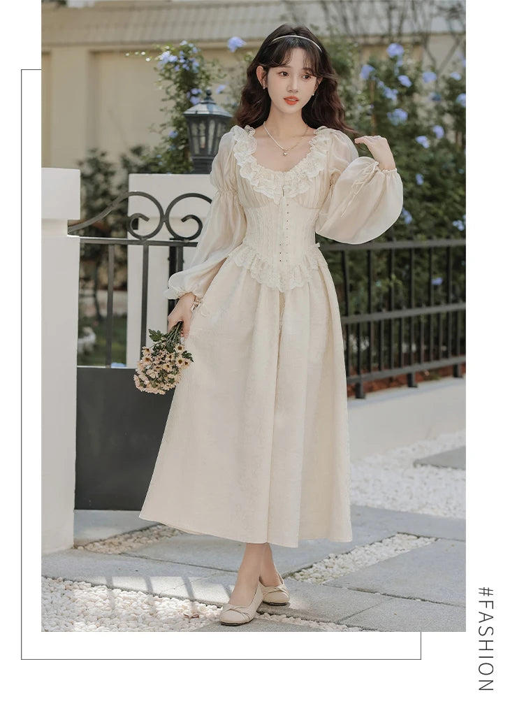 The Ethereal Princess Tatting Gown | Fairycore Lace Midi | French Square Neck Princess Sleeve Vestido | Parisian Princess
