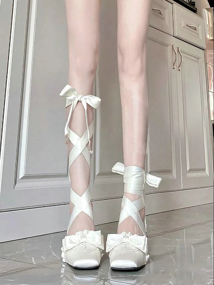 The Swan Satin Ballet Pumps | Lace-Up Platform Mary Jane | French Fairy Lolita Heels | Parisian Princess