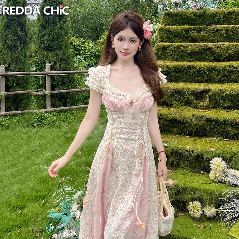 REDDACHiC Medieval Retro Women Party Dress Floral Lace-up Corset Bow Patchwork Midi Long Dress Victorian Renaissance Costume