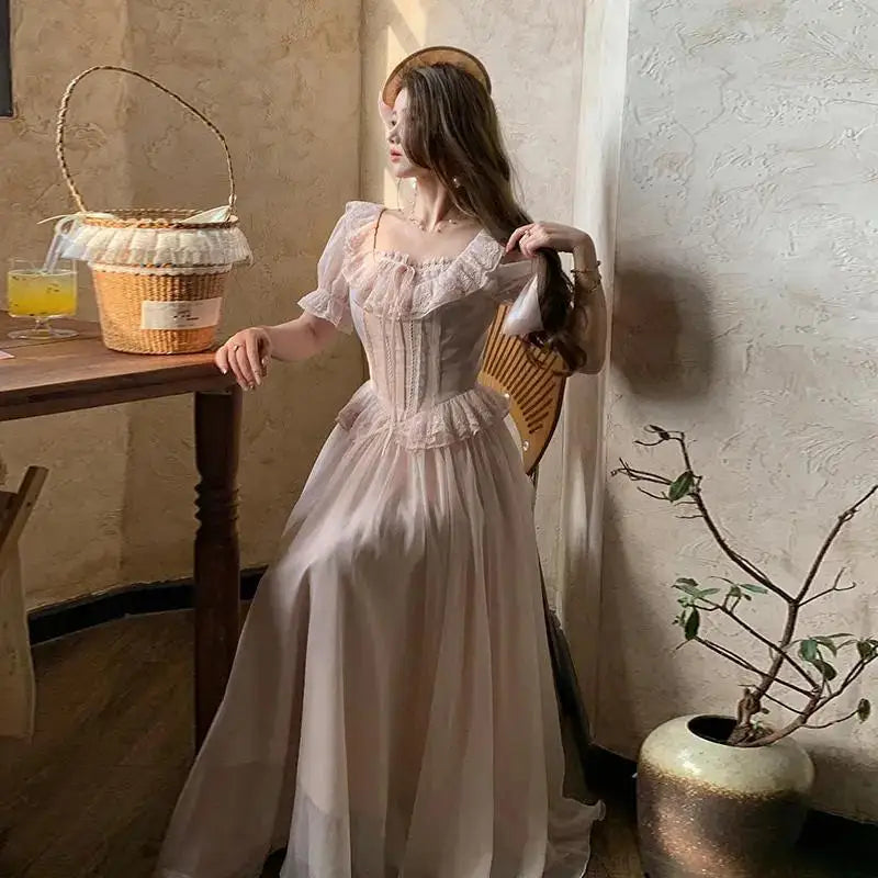 Timeless Signature Parisian Blush Pink Lace Dress French Couture Puff Sleeve Sweet Elegant Max