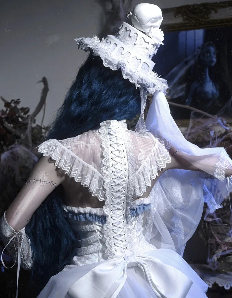The Gothica White Gothic Dress | Zombie Bride Spine Lace Gown | Chiffon Tailed Party Dress with Cape | Parisian Princess