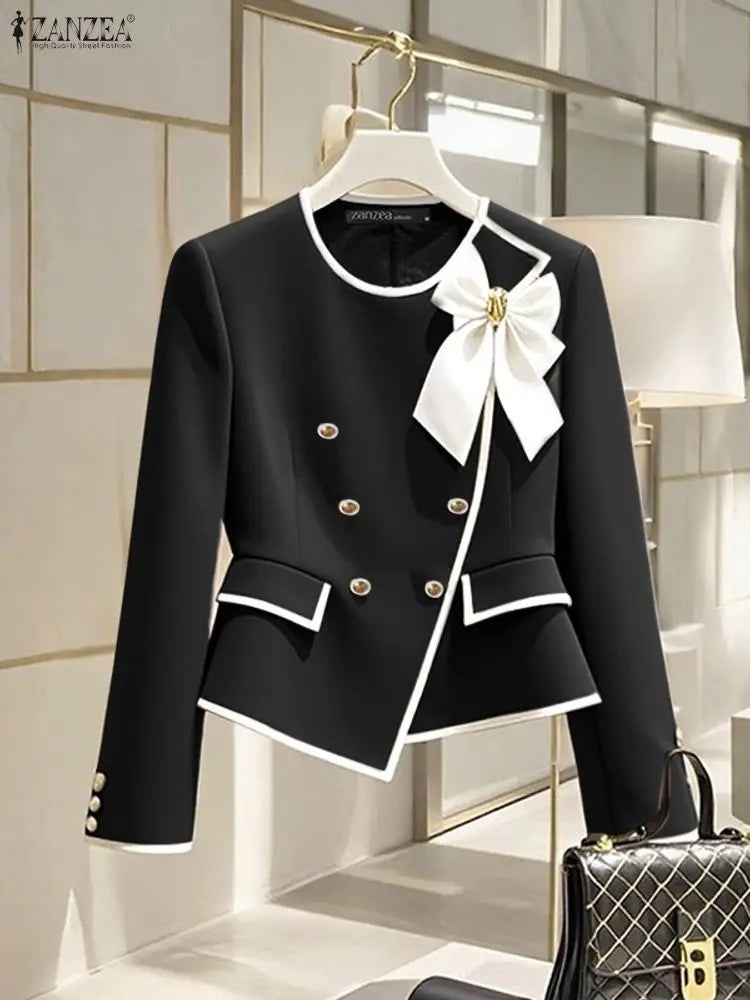 Parisian Elegant Blazer Double Breasted Long Sleeve Coats Women Fashion Bow Office Outerwear 2025 Casual Street Jackerts