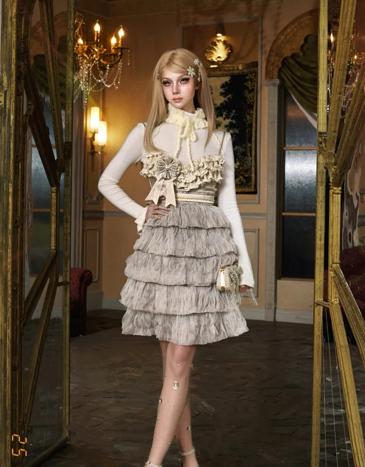 The Gothica Russian Princess Cake Dress | High-Waist Lace-Strap Luxury Slip | Sweet Apricot Layered Jupe | Parisian Princess