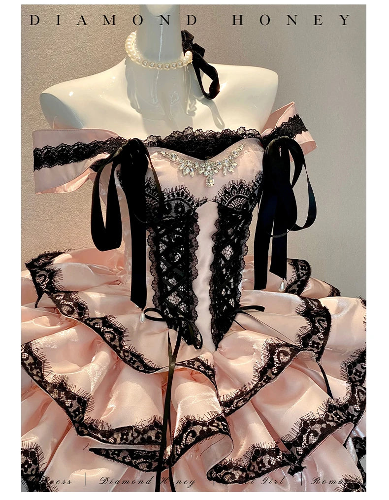 Princess Romantic Date Anniversary Wedding Party Pink Dress Girls Women's Sweet Lolita Halter Off-Shoulder Ball Gown Dresses