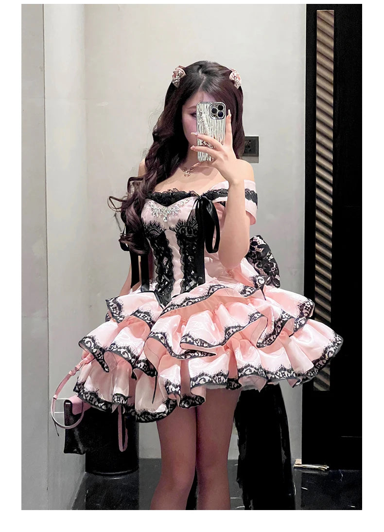 Princess Romantic Date Anniversary Wedding Party Pink Dress Girls Women's Sweet Lolita Halter Off-Shoulder Ball Gown Dresses