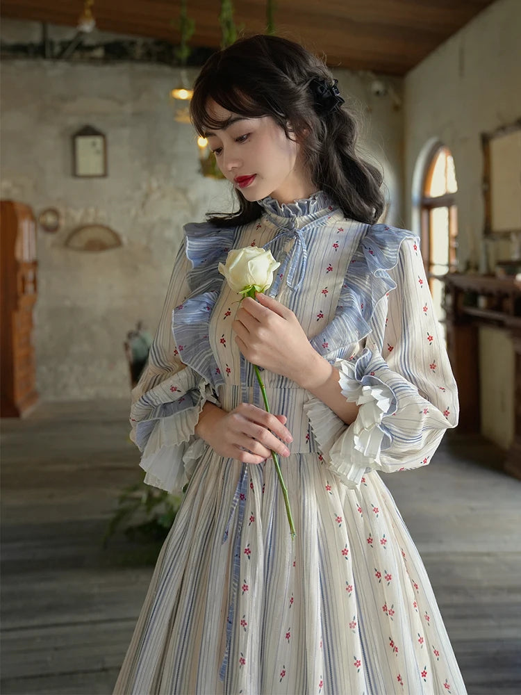 Parisian Long Dresses For Women French Vintage Elegant Slim Luxury Jacquard Print Striped  Lantern Sleeve Dress