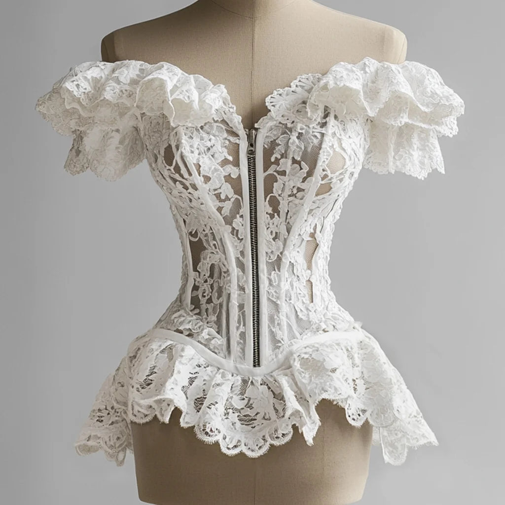 French Corset Blouse Lace Ruffle Off Shoulder Zip Up Tube Tops Bustier Overbust Women Waist Slimming Strapless Tube Top