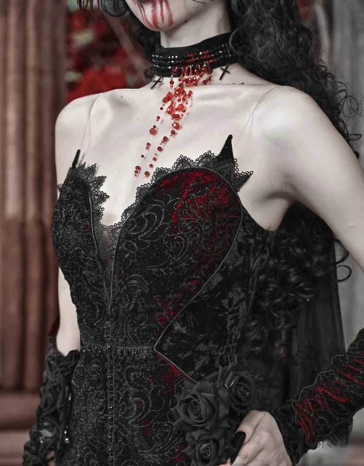 Gothica Original Design Vampire Black Red Dress Lace Patch Gothic Velvet Trumpet Sleeveless Sexy X-Long Dress Halloween