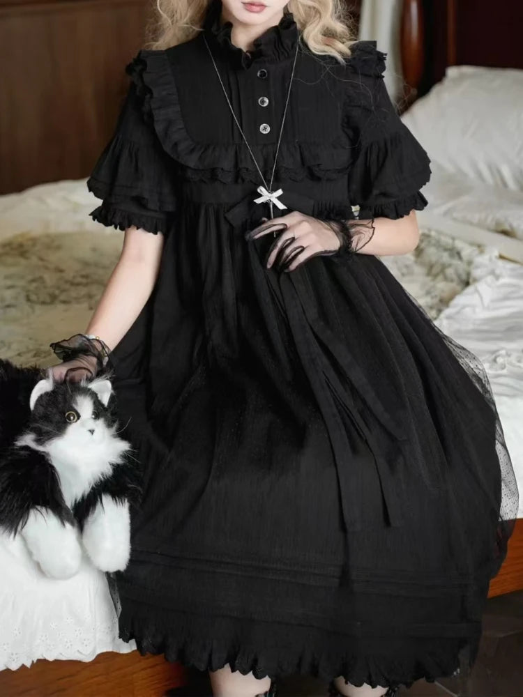 The Midnight Muse Gown | Classical Gothic Lolita Summer Dress | Darkly Retro Puff Sleeve A-Line Midi | Parisian Princess