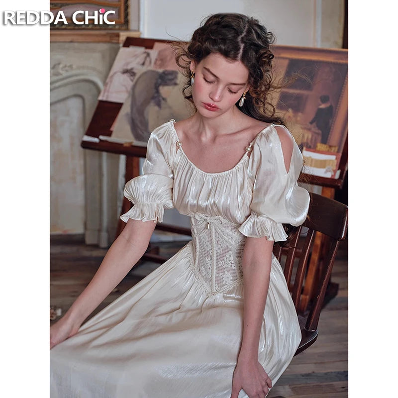 French Renaissance Women Hollow Lace Waist Trainer Dress Satin Glossy Puff Sleeve Midi Long Dress Party Fairy Summer Clothes