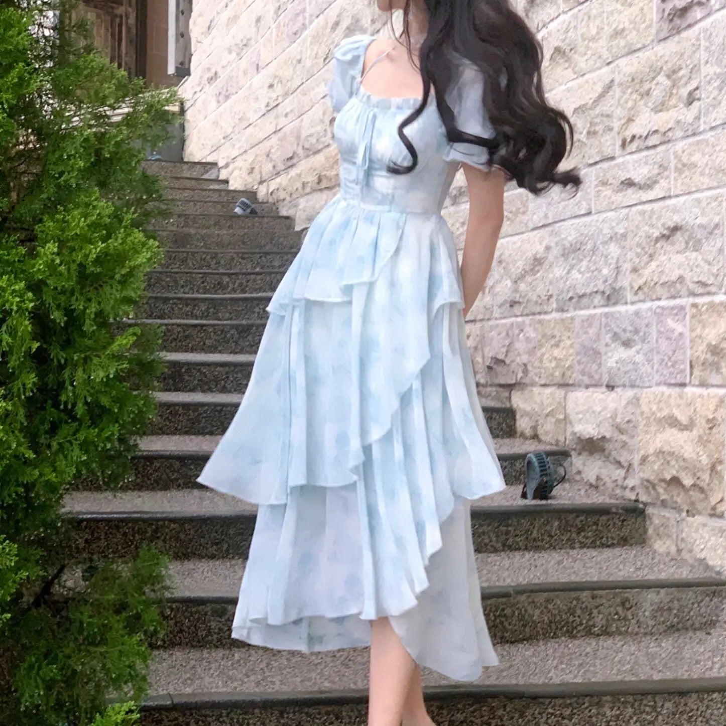 The Giverny Chiffon Gown | French Floral Empire Dress | Square Collar Fold-Detail Midi | Parisian Princess