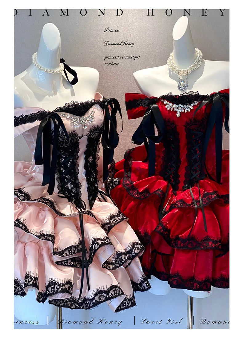 Princess Romantic Date Anniversary Wedding Party Pink Dress Girls Women's Sweet Lolita Halter Off-Shoulder Ball Gown Dresses