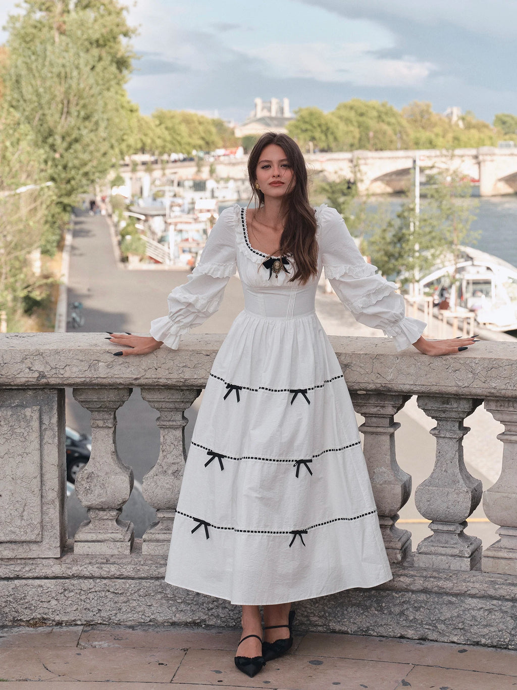 Gothica Parisian Fall White Maxi Dress Women Vintage Elegant Slim Lace Collar Long Sleeve French Halloween Dress