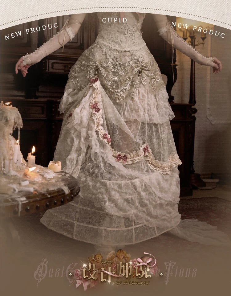 The Amore Lovecore Trailing Princess Skirt | Bustle Lift A-Line Maxi | Removable Bow Lolita Skirt | Parisian Princess