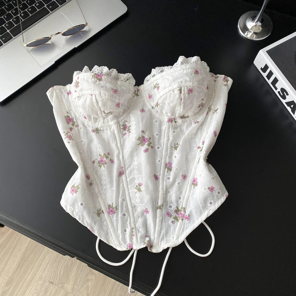 The Trianon Embroidered Corset | French Sweet Floral Lingerie Top | Hollow Out Backless Bandage Camisole | Parisian Princess