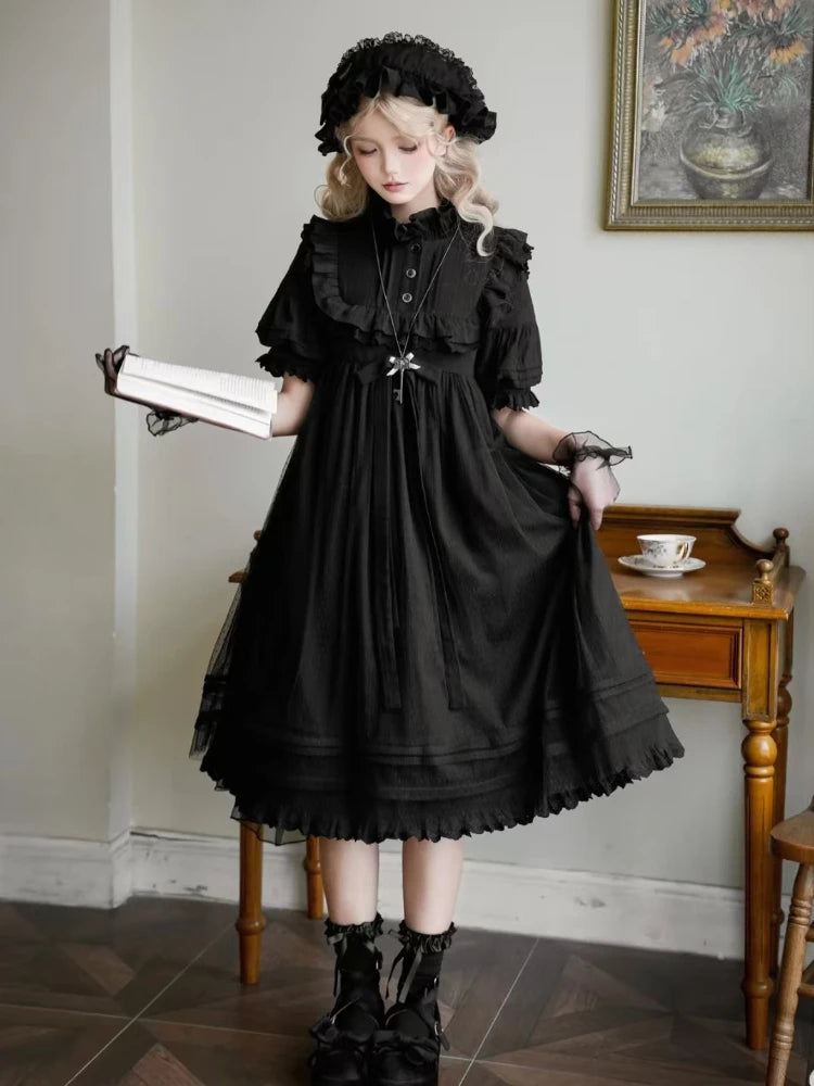 The Midnight Muse Gown | Classical Gothic Lolita Summer Dress | Darkly Retro Puff Sleeve A-Line Midi | Parisian Princess