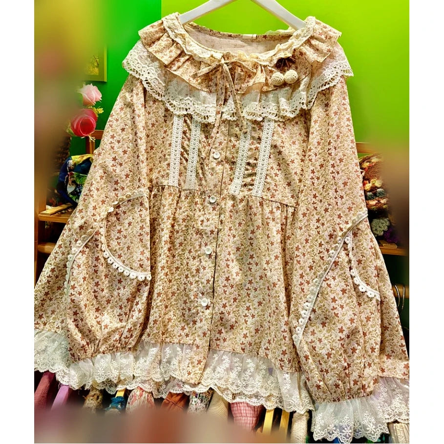 Autumn Cotton Sweet Parisian Cute Ruffled Lace Shirt Women Shabby Chic Vintage Mori Girl Lolita Casual Cottagecore Korean Blouse