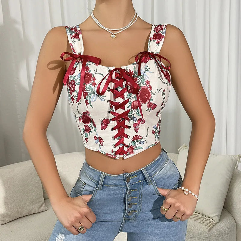 European Vintage Bow Corset Tops Sexy Floral Corset Bustier Crop Top Tank Lace Up Camisole For Women Going Out Outfit Bodyshaper