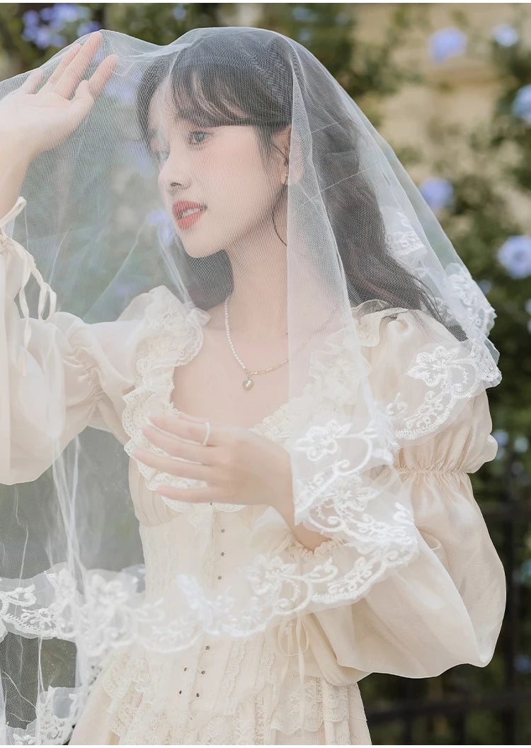 The Ethereal Princess Tatting Gown | Fairycore Lace Midi | French Square Neck Princess Sleeve Vestido | Parisian Princess