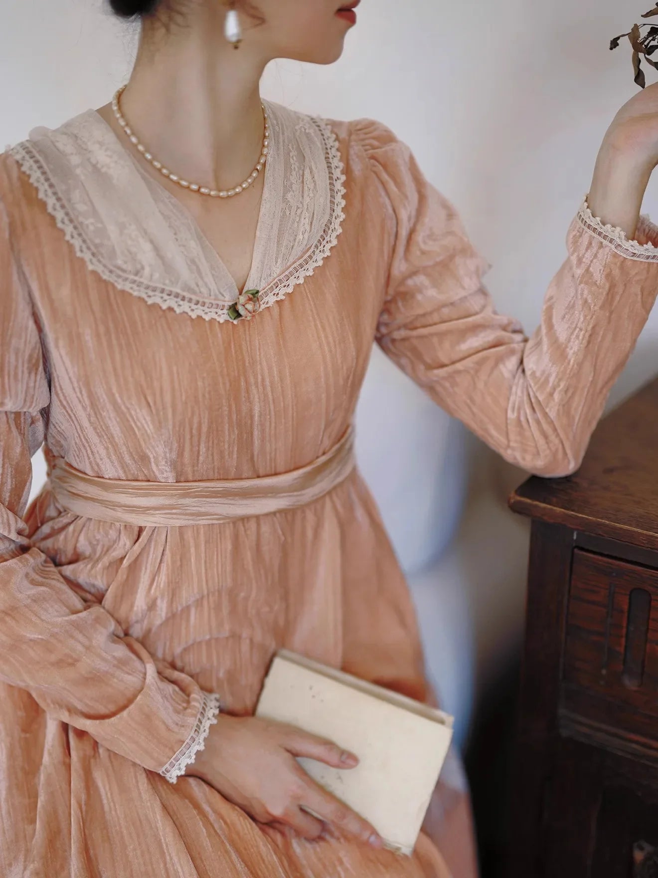 The Imperial Rose Velvet Gown | Pink V-Neck Long Sleeve Maxi | Vintage Empire Waist Lace Dress | Parisian Princess