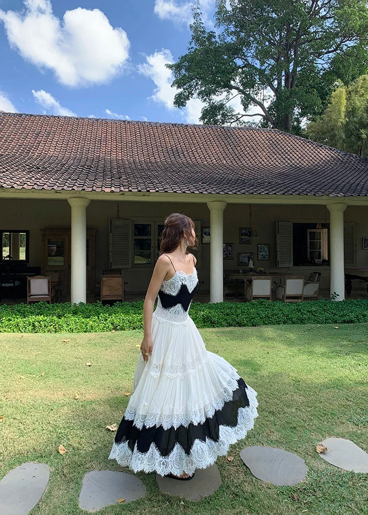 The Midnight Shore Gown | Gothica Summer Holiday Suspenders Dress | Backless Lace Patchwork Vacation Sling | Parisian Princess