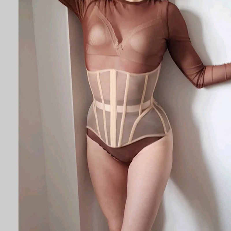 Women Abdomen Tight Corset Crops Under Bust Bustiers Breathable Mesh Waist Girdle With Bones Slimming Lace Up Bodices