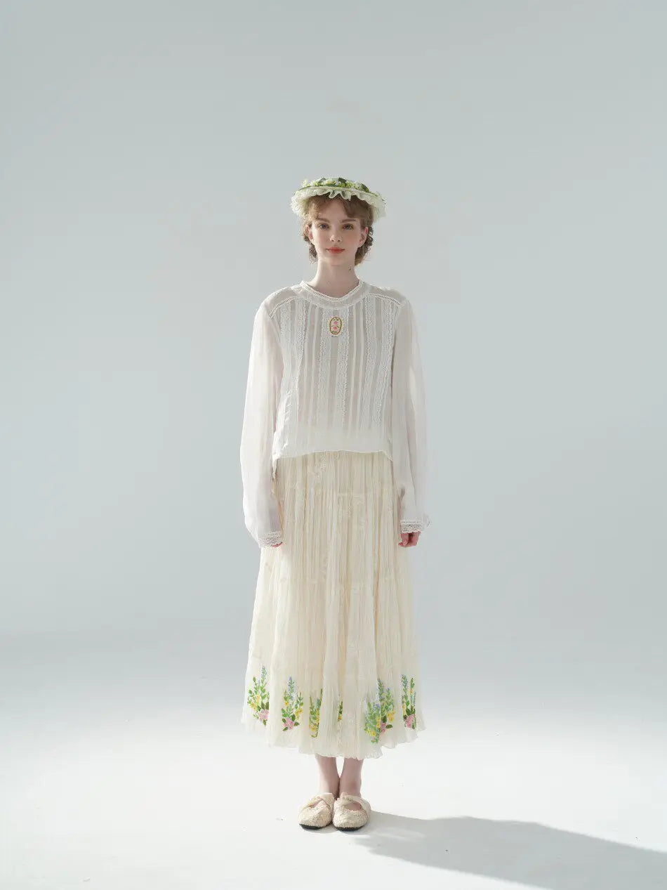 The Palais Rose Ramie Blouse | 100% Ramie Thin White Blouse | French Vintage Handmade 3D Rose Embroidered O-Neck Loose Top | Parisian Princess