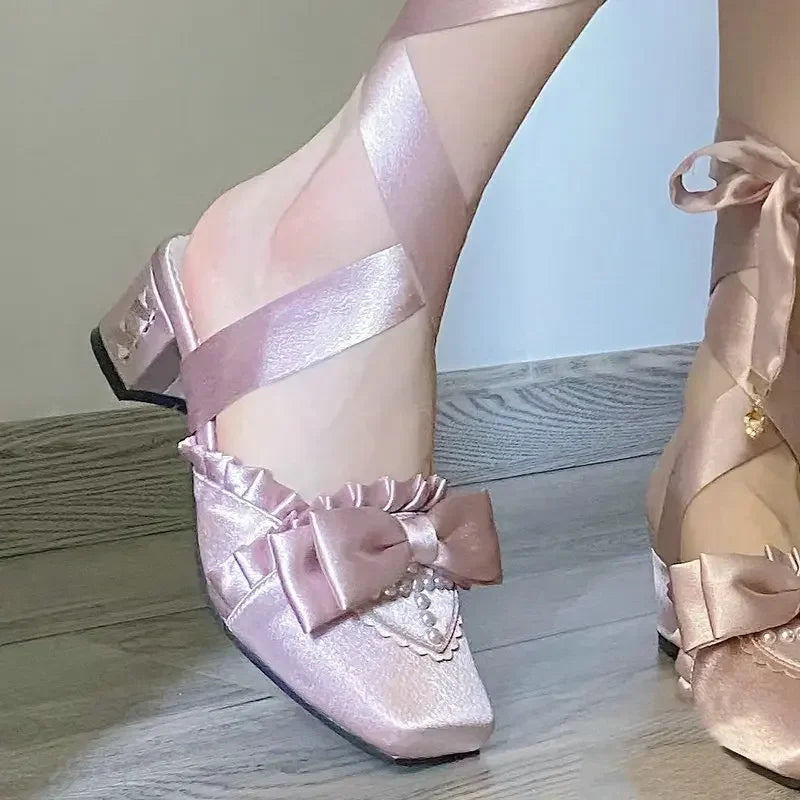 The Swan Satin Ballet Pumps | Lace-Up Platform Mary Jane | French Fairy Lolita Heels | Parisian Princess