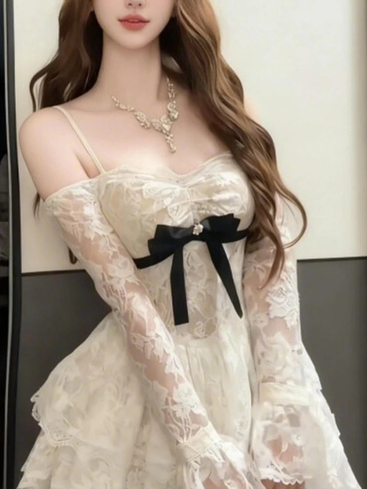 French Vintage Elegant Lace Dress Women Off Shoulder Bow Long Sleeve Slim Fit Lolita Style Skirt Romantic Autumn Winter Clothing