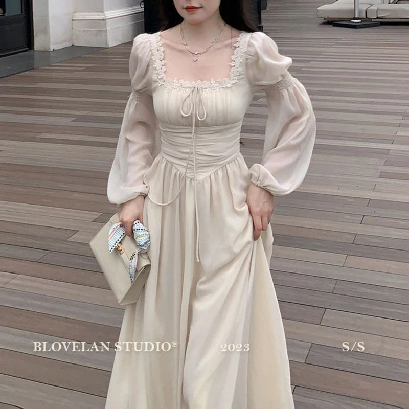 Sweet Sexy Chiffon Dress Women Fashion Slim Elegant French Dress Breathable Long Sleeve Beach Hoiliday Party Vestidos