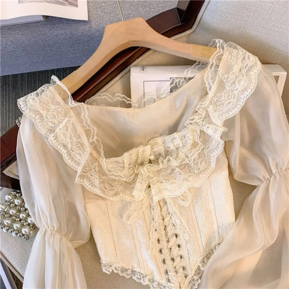 The Odette Flounce Lace Blouse | Parisian Mesh Patchwork Corset Top | V-Hem Puff Sleeve Party Shirt | French Coquette Aesthetic