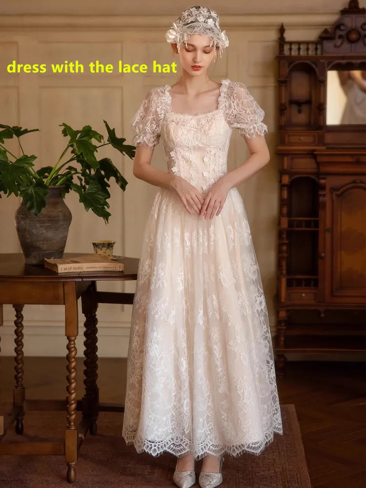 The Fresh Air Fairy Maxi | Summer Vintage Embroidered Lace Gown | Square Collar Empire Waist Puff Sleeve Gown | Parisian Princess