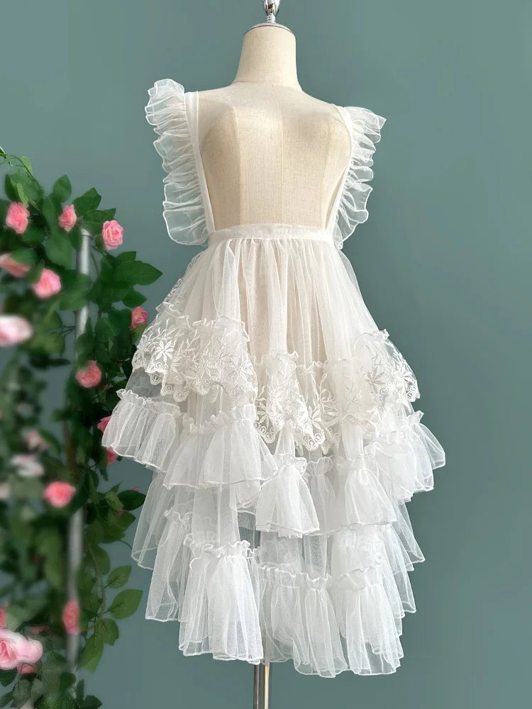 Royal Sweet Lolita Style Mesh Apron Ruffled Sheer Cover up Skirts Women French White Parisian Cute Princess Skirts