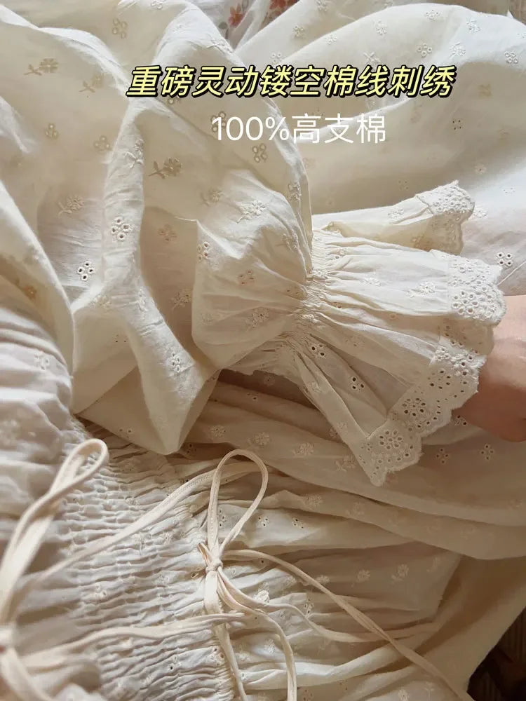 Cotton Embroidery French Languid U-Neck Ruffles Princess Nightgown Lace-up Vintage Fairy Night Dress Spring Pajamas Sleepwear
