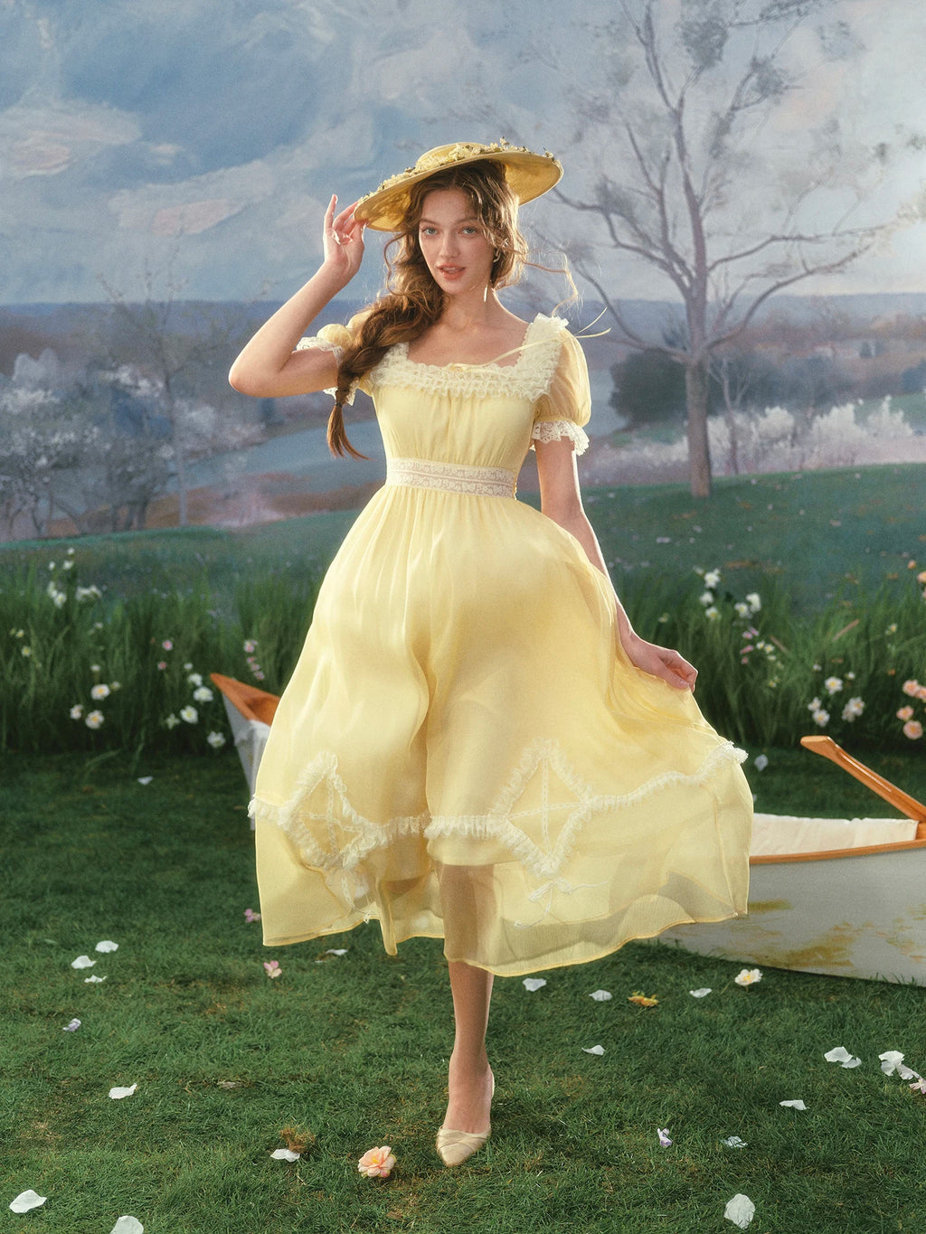 The Provence Lemon Lace Gown | Bubble Sleeve Countryside Midi | Waist-Cinching Princess Dress | Parisian Princess