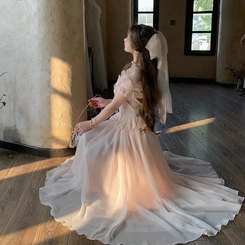 Timeless Signature Parisian Blush Pink Lace Dress French Couture Puff Sleeve Sweet Elegant Max