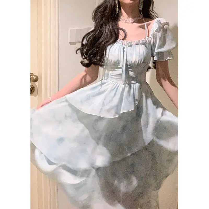 The Giverny Chiffon Gown | French Floral Empire Dress | Square Collar Fold-Detail Midi | Parisian Princess