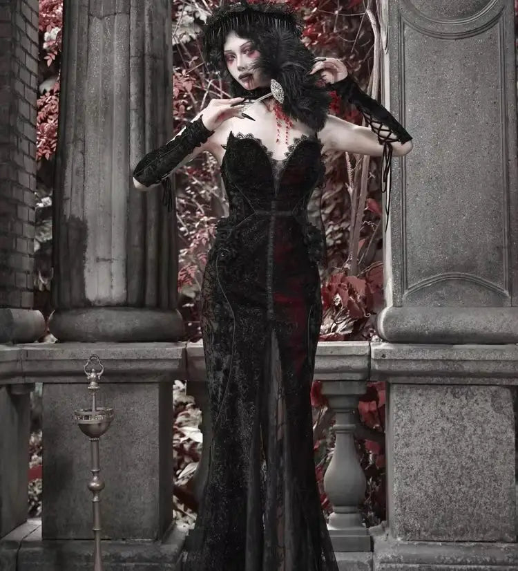 Gothica Original Design Vampire Black Red Dress Lace Patch Gothic Velvet Trumpet Sleeveless Sexy X-Long Dress Halloween