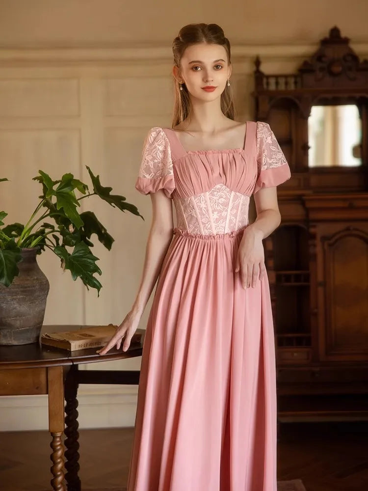 84-94cm Bust Summer Pink Maxi Dresses For Women Vintage Elegant Slim Square Neck Lace Short Sleeve Holiday Fishbone Long Dress