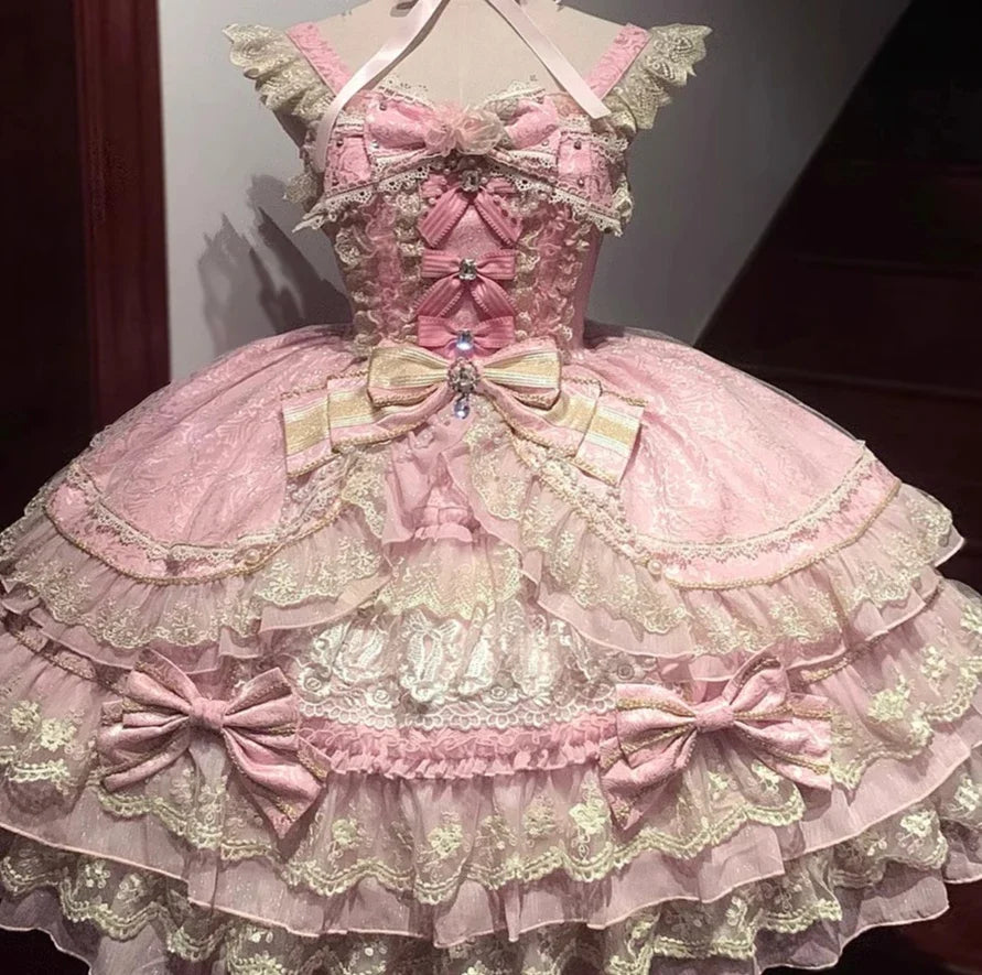 Original Gothic Cos Suspender Dress Jsk Summer New Female Slim-Fit Elegant Cute Bow Cake Dresses Women's Lolita Birthday Dress