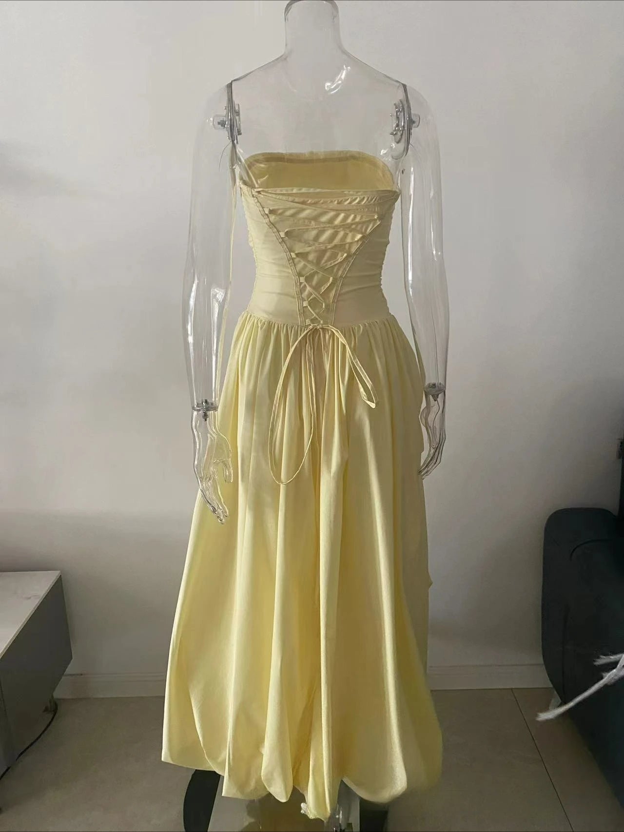 The Trianon Lemon Gown | French Temperament Irregular Lace Pendulum Dress | Yellow Tube Top High-Waist Fit & Flare Maxi | Parisian Princess