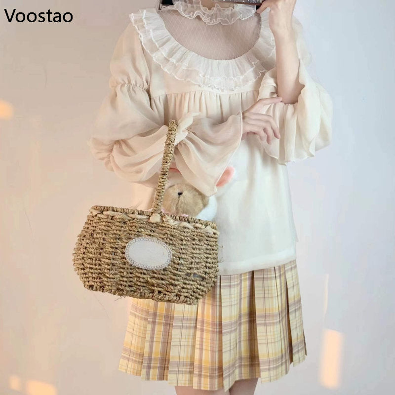 Elegant Vintage Lolita Blouses Women Sweet Cute Hollow Out Mesh Lace Ruffles Princess Shirts Female Gothic Loose Blouse Tops