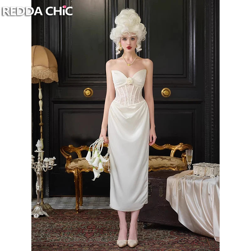 The Palais Satin Corset Gown | White Lace Hollow-Out Split Dress | Backless Coquette Party Maxi | Parisian Princess