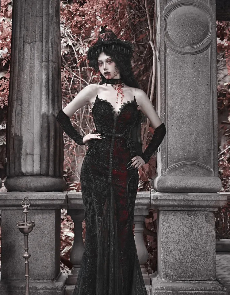 Gothica Original Design Vampire Black Red Dress Lace Patch Gothic Velvet Trumpet Sleeveless Sexy X-Long Dress Halloween