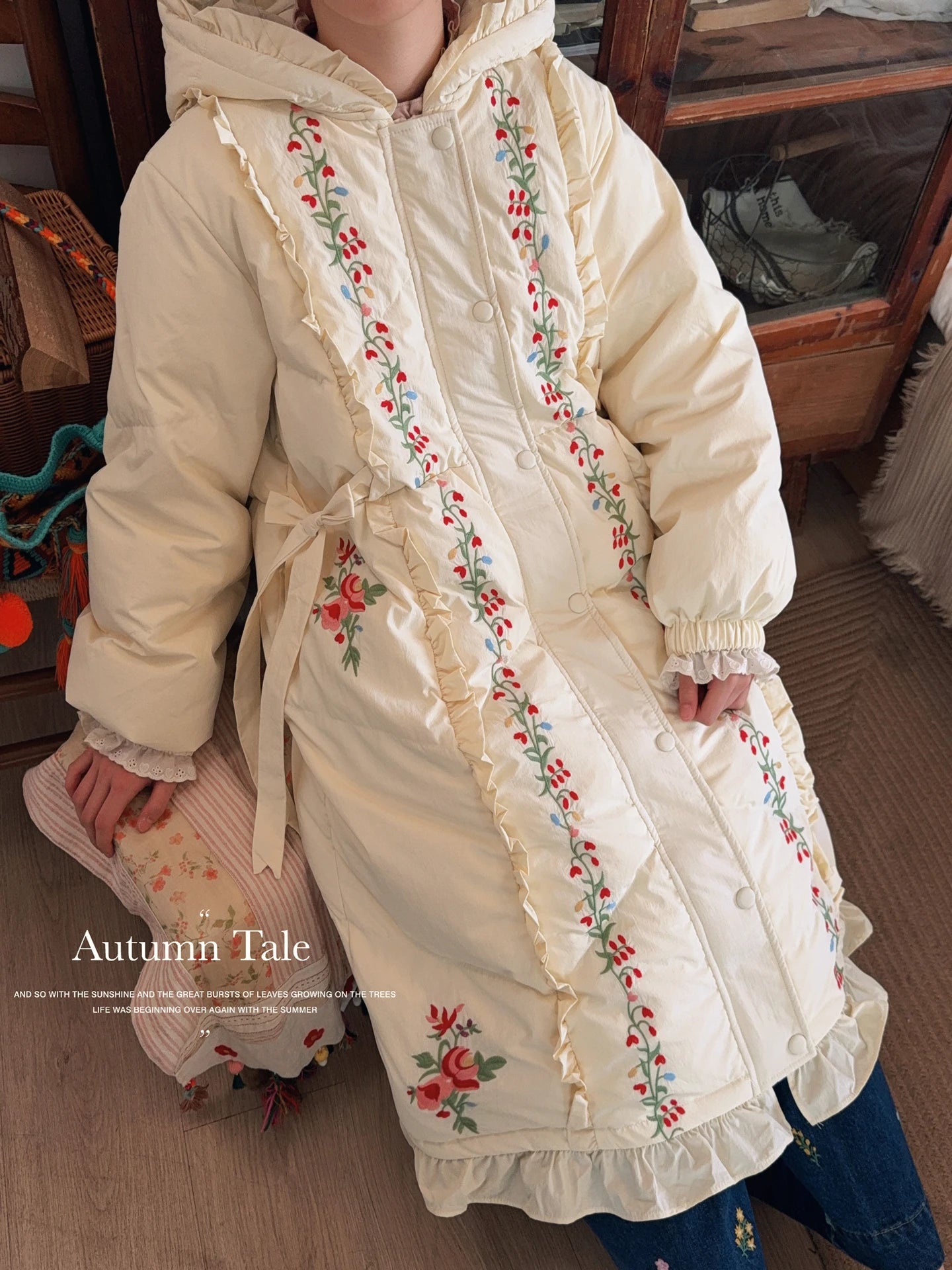 Parisian Women Full Sleeve Long Mid-Calf Thick Outerwear Hoode Zipper Down Jacket Embroidery Warm Coats Japanese Style