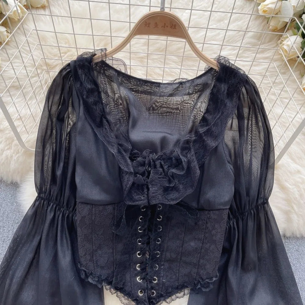 The Vivienne Lace Manteau | Parisian Ruffled Chiffon Blouse | French Mesh Patchwork Top | Lantern Sleeve Coquette Shirt