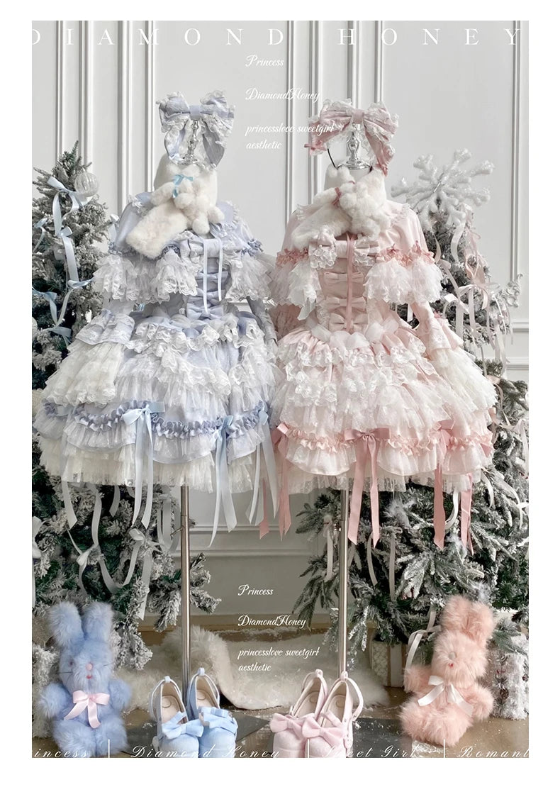 Pink Lolita Princess Dress Women's Bow Lace Heavy Industry Sweet Elegant Birthday Party Evening Dress Lady Suspender Dress Cloak