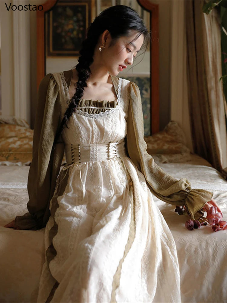 Vintage Chic Parisian Cottagecore Girl Style Dress French Women Elegant Flare Sleeve Bandage Fake Two Pieces Dresses Female Sweet Party Vestidos